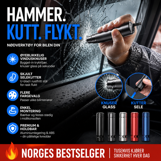 💥 50% rabatt! 🚗 Nødhammer med fjærdrevet glassknuser og innfelt beltekutter – mekanisk, trenger ikke strøm. Aluminiumslegering + ABS, kun 50 g. Svart, rød, sølv, blå 🆘