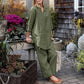 Women’s Elegant Vintage Cotton and Linen 2-piece Set with Long-sleeve Blouse and Pants