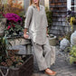 Women’s Elegant Vintage Cotton and Linen 2-piece Set with Long-sleeve Blouse and Pants