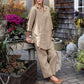 Women’s Elegant Vintage Cotton and Linen 2-piece Set with Long-sleeve Blouse and Pants